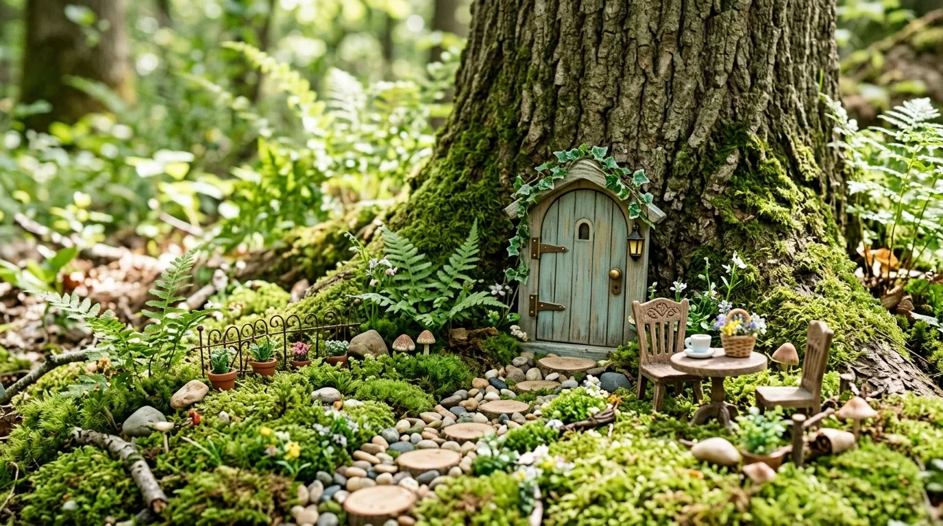 Use moss and ground cover to soften the miniature world inspiration for a fairy garden.